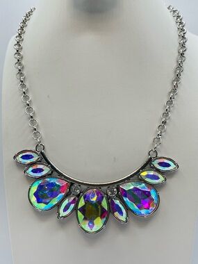 Silver Tone AB Crystal Necklace Iridescent Rhinestone Sparkle New